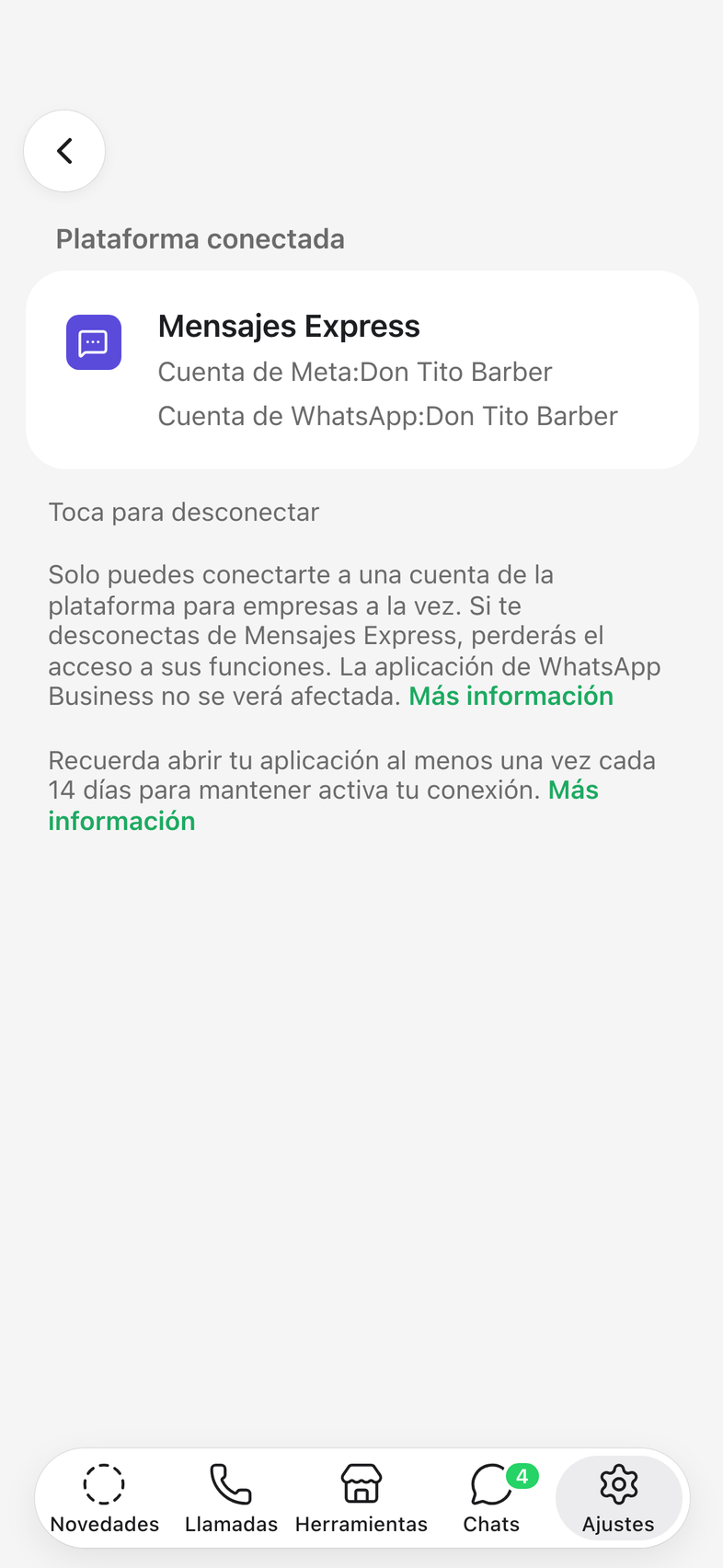 Plataforma para empresas, con la plataforma conectada marcada.