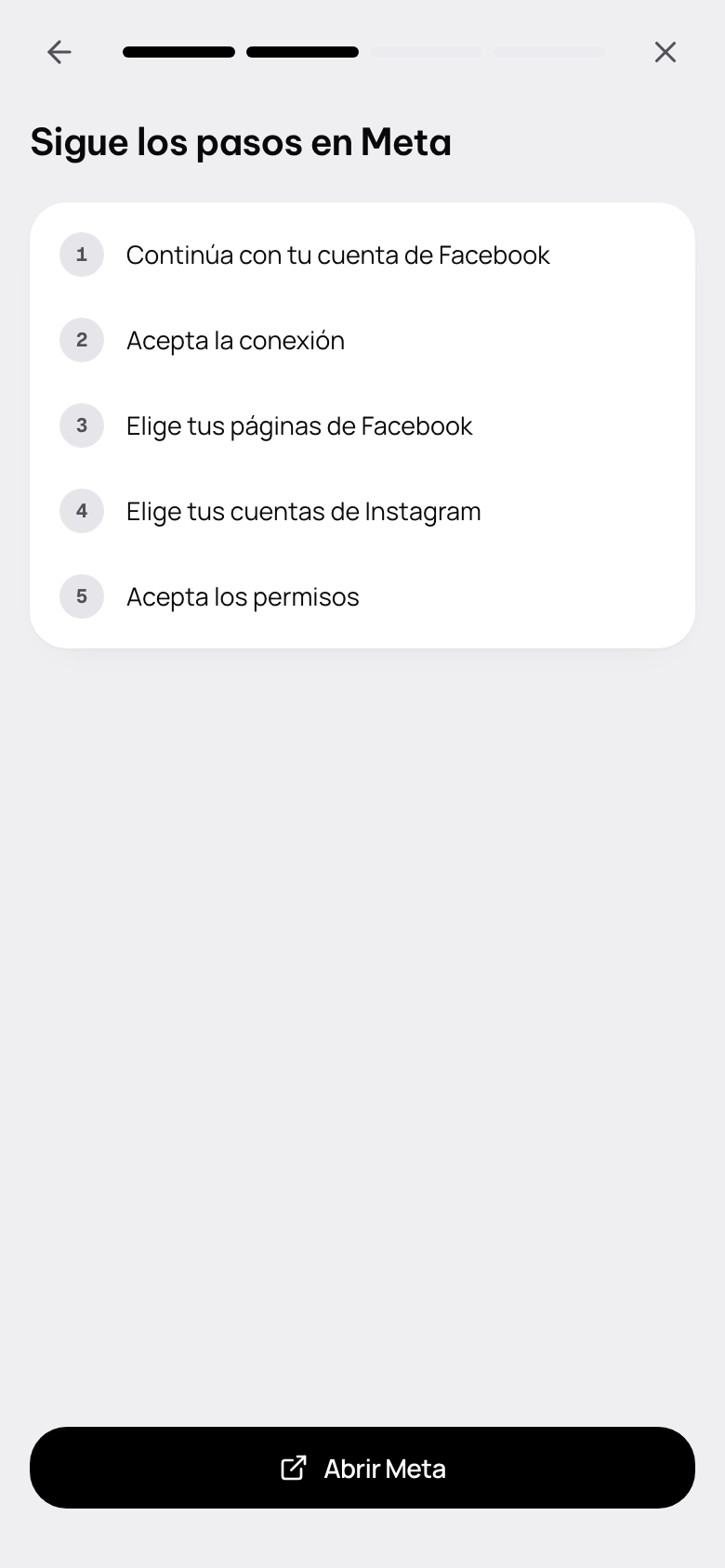 Sigue los pasos en Meta: lo que Meta te va a pedir, en orden, y el botón Abrir Meta.