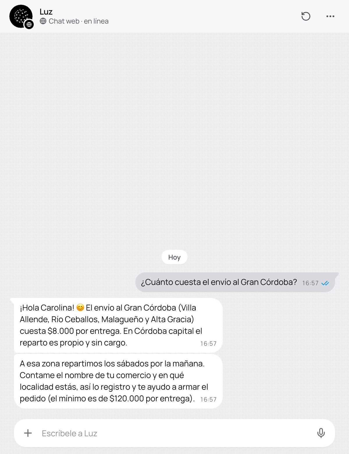 La pregunta de un cliente y la respuesta del agente, en mensajes cortos.