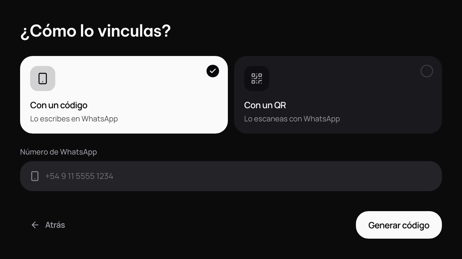 ¿Cómo lo vinculas?: Con un código o Con un QR, el número de WhatsApp y Generar código.