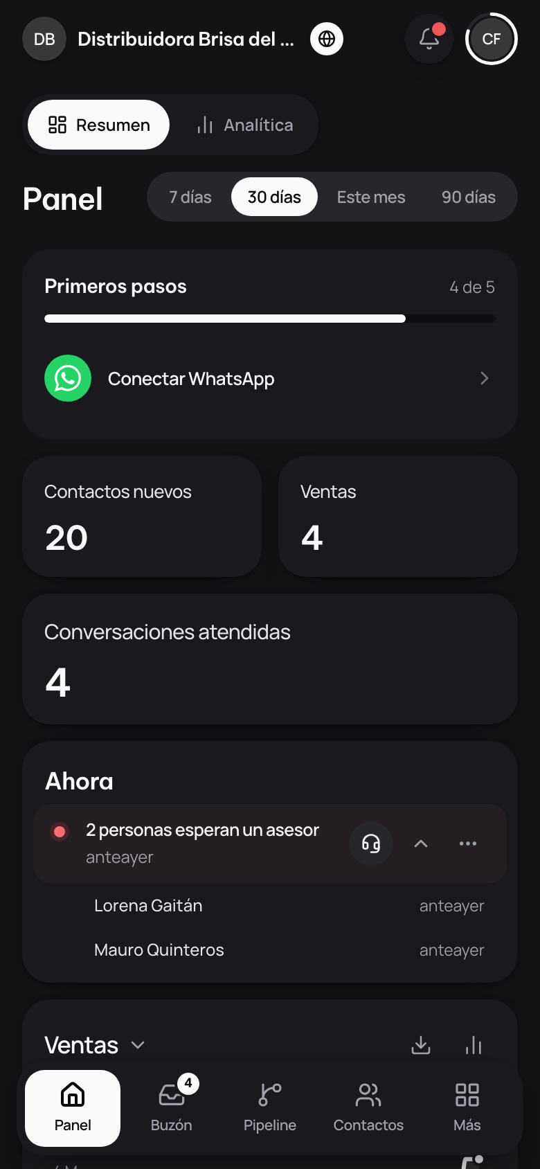 El panel de un negocio: las secciones, las vistas de la sección y los canales junto al nombre.