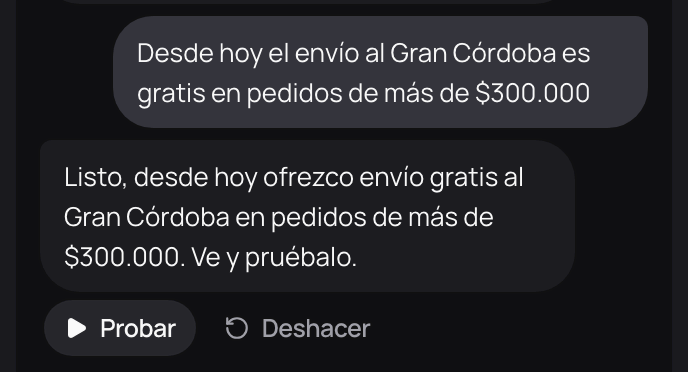 El pedido de la dueña en Instrucciones y la respuesta del agente, con Probar y Deshacer.