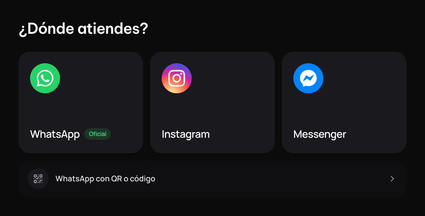 ¿Dónde atiendes?: WhatsApp oficial, Instagram, Messenger y, abajo, WhatsApp con QR o código.