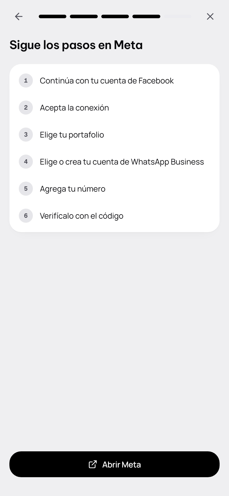 Sigue los pasos en Meta: la lista de lo que Meta te va a pedir y el botón Abrir Meta.