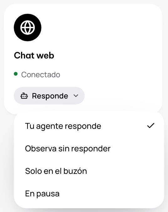 Una línea en Canales con el menú de Atención abierto y En pausa entre las opciones.