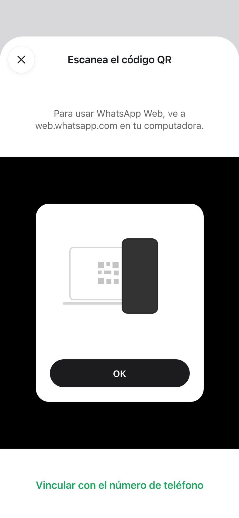 La cámara para escanear el QR, con Vincular con el número de teléfono marcado abajo.