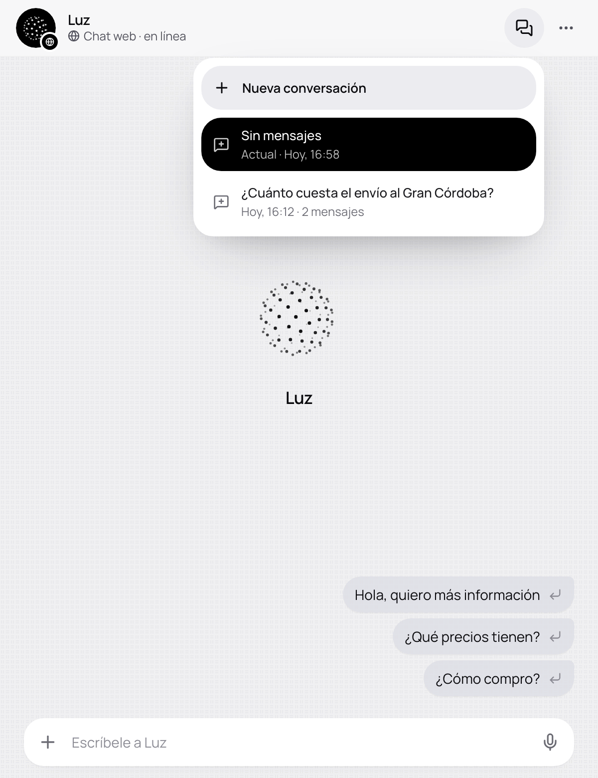 Conversaciones abierto en la cabecera del chat: Nueva conversación y las pruebas anteriores.