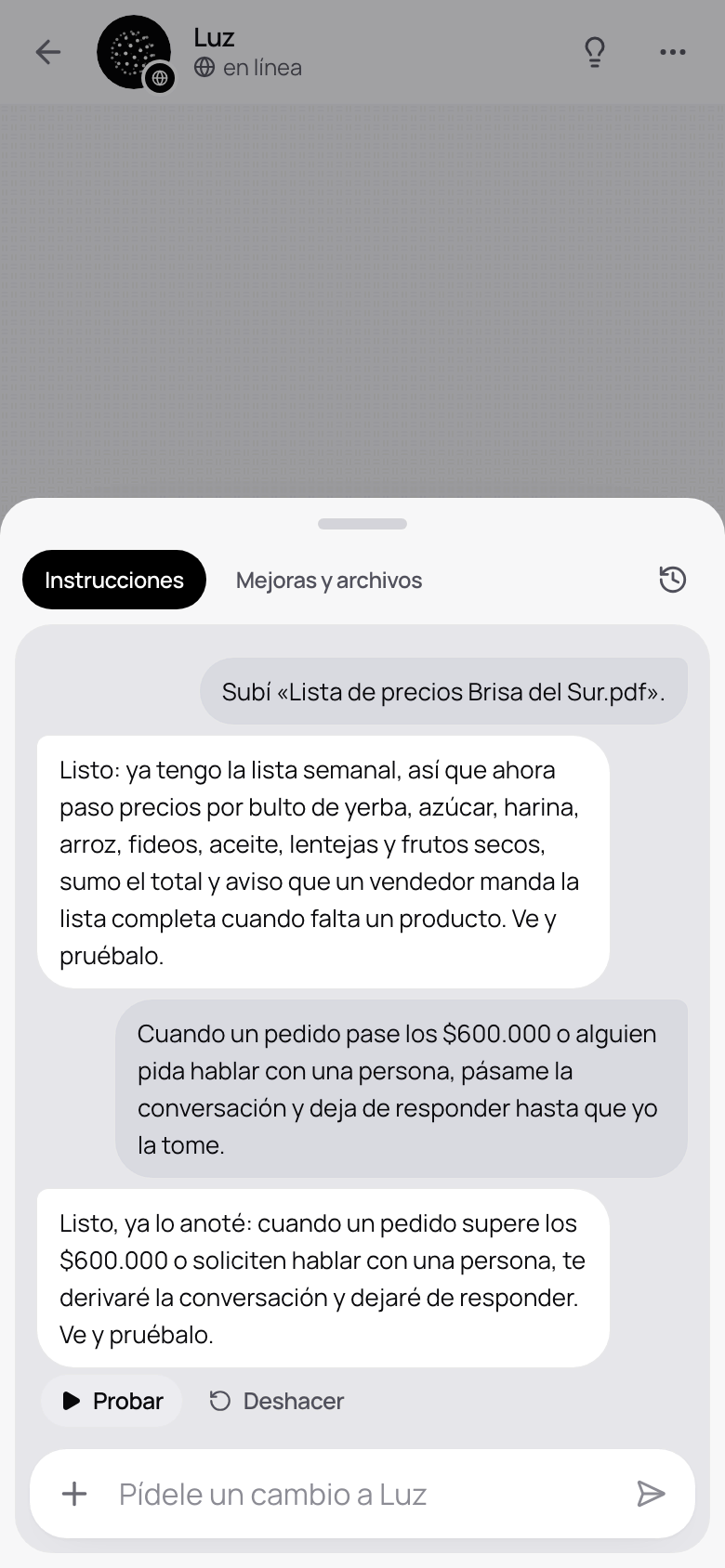 La hoja Mejorar a tu agente abierta en el celular, en Instrucciones.