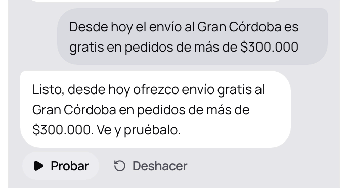 El pedido de la dueña en Instrucciones y la respuesta del agente, con Probar y Deshacer.