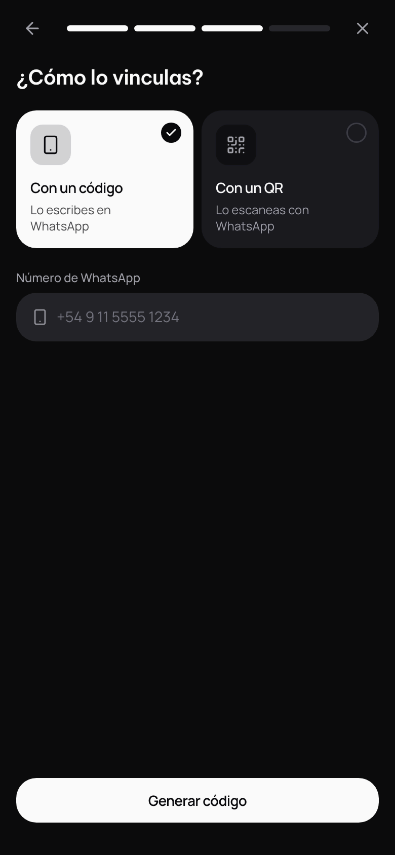 ¿Cómo lo vinculas?: Con un código o Con un QR, el número de WhatsApp y Generar código.
