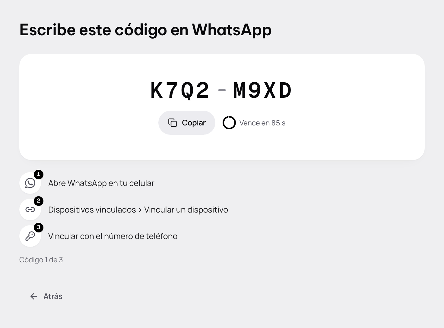 Escribe este código en WhatsApp: el código, Copiar, cuánto le falta para vencer y los tres pasos.
