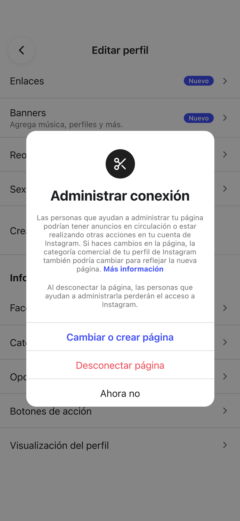 La página de Facebook unida al Instagram, con Cambiar o crear página marcado.