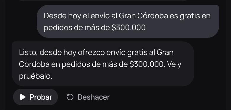 El pedido de la dueña en Instrucciones y la respuesta del agente, con Probar y Deshacer.
