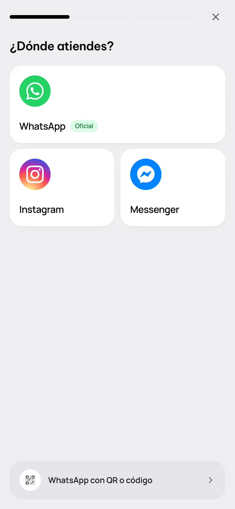 ¿Dónde atiendes?: WhatsApp oficial, Instagram, Messenger y, abajo, WhatsApp con QR o código.