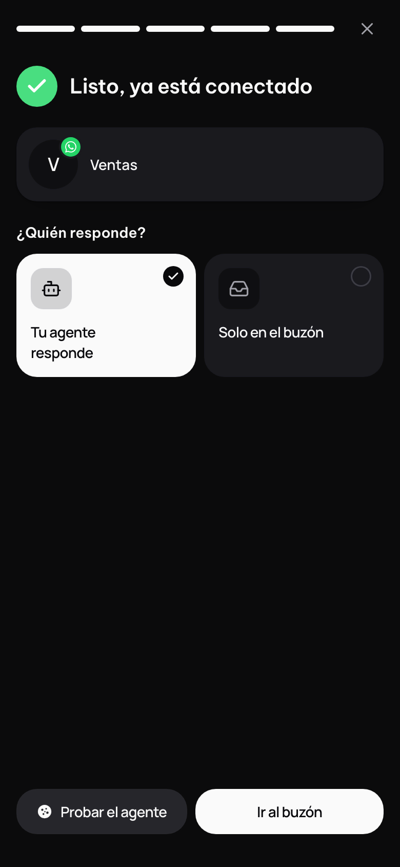 Listo, ya está conectado: la línea, ¿Quién responde? y los botones para ir al buzón o probar.