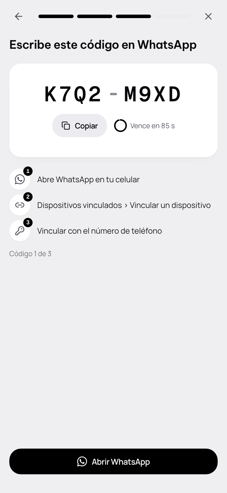 Escribe este código en WhatsApp: el código, Copiar, cuánto le falta para vencer y los tres pasos.