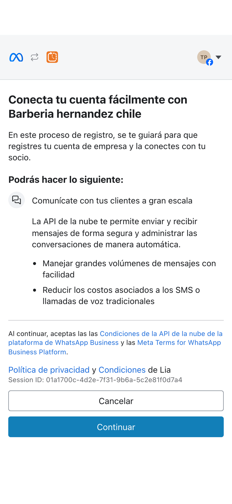 Conecta tu cuenta fácilmente con el socio de la app, con el botón Continuar marcado.