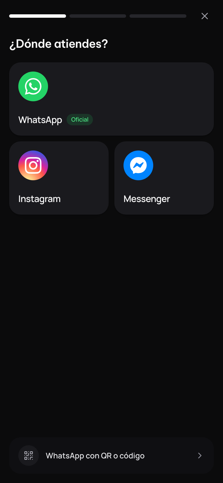 ¿Dónde atiendes?: WhatsApp oficial, Instagram, Messenger y, abajo, WhatsApp con QR o código.