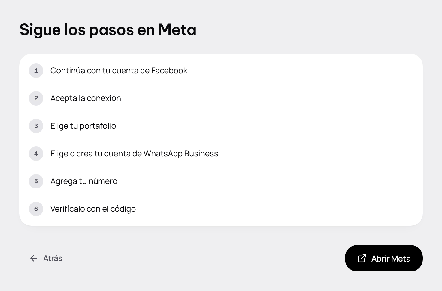 Sigue los pasos en Meta: la lista de lo que Meta te va a pedir y el botón Abrir Meta.
