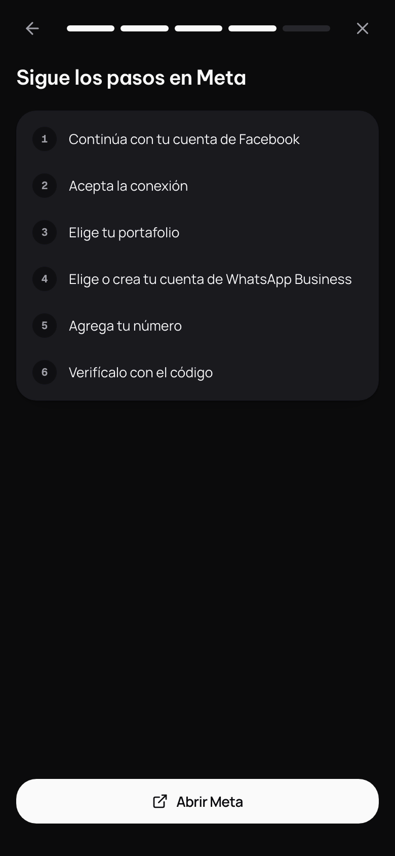 Sigue los pasos en Meta: la lista de lo que Meta te va a pedir y el botón Abrir Meta.