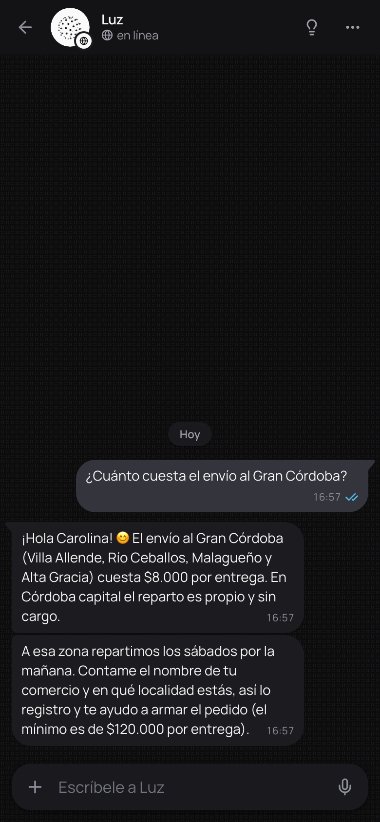 La pregunta de un cliente y la respuesta del agente, en mensajes cortos.