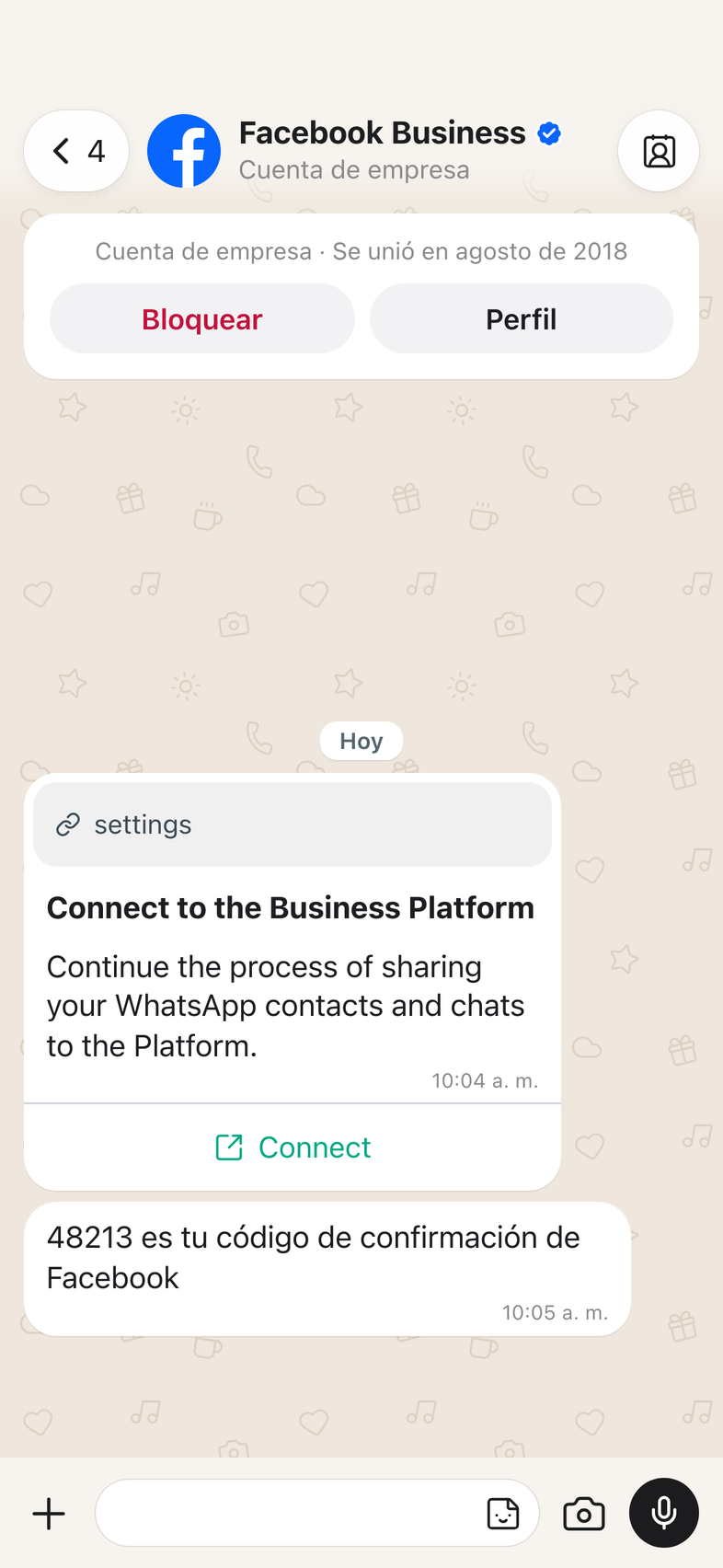 El chat de Facebook Business en WhatsApp Business, con Connect marcado.