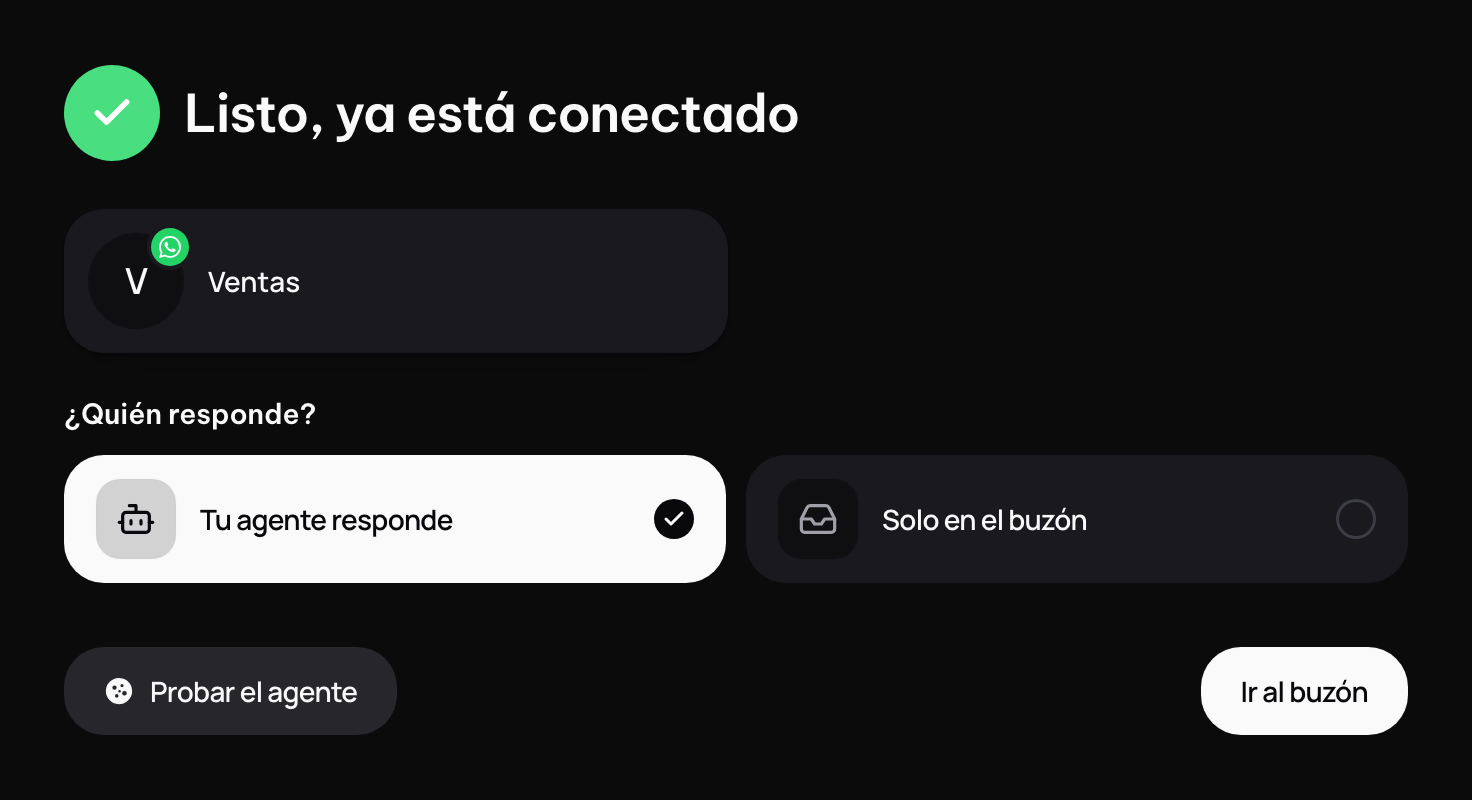 Listo, ya está conectado: la línea, ¿Quién responde? y los botones para ir al buzón o probar.