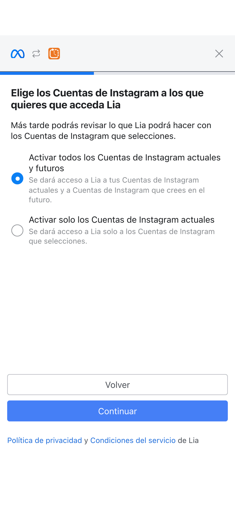 Las cuentas de Instagram, con Activar todos los Cuentas de Instagram actuales y futuros marcado.