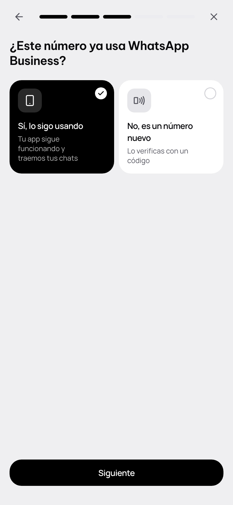 ¿Este número ya usa WhatsApp Business?, con Sí, lo sigo usando y No, es un número nuevo.