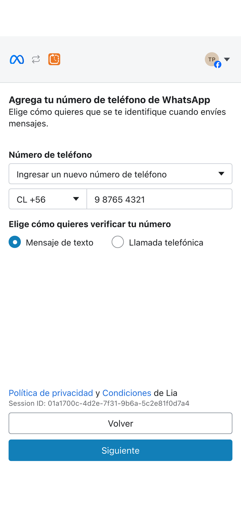 Agrega tu número de WhatsApp: el país cambiado y Siguiente marcado.