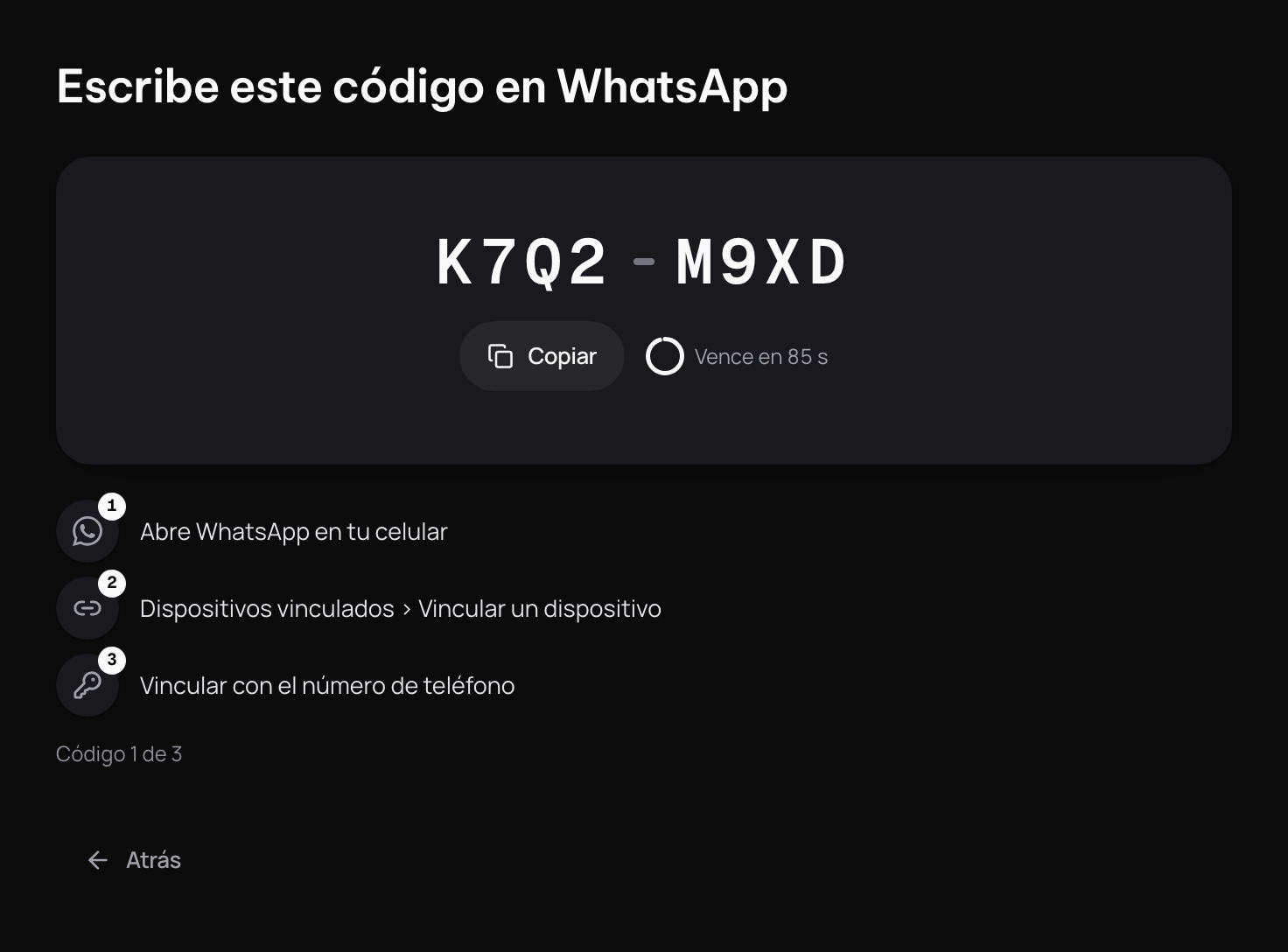 Escribe este código en WhatsApp: el código, Copiar, cuánto le falta para vencer y los tres pasos.