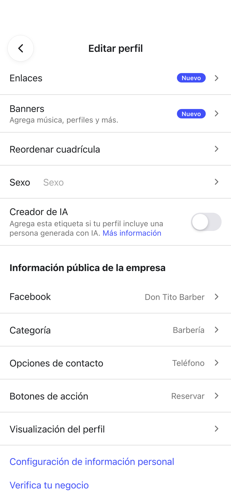 Editar perfil de Instagram, con Facebook marcado.