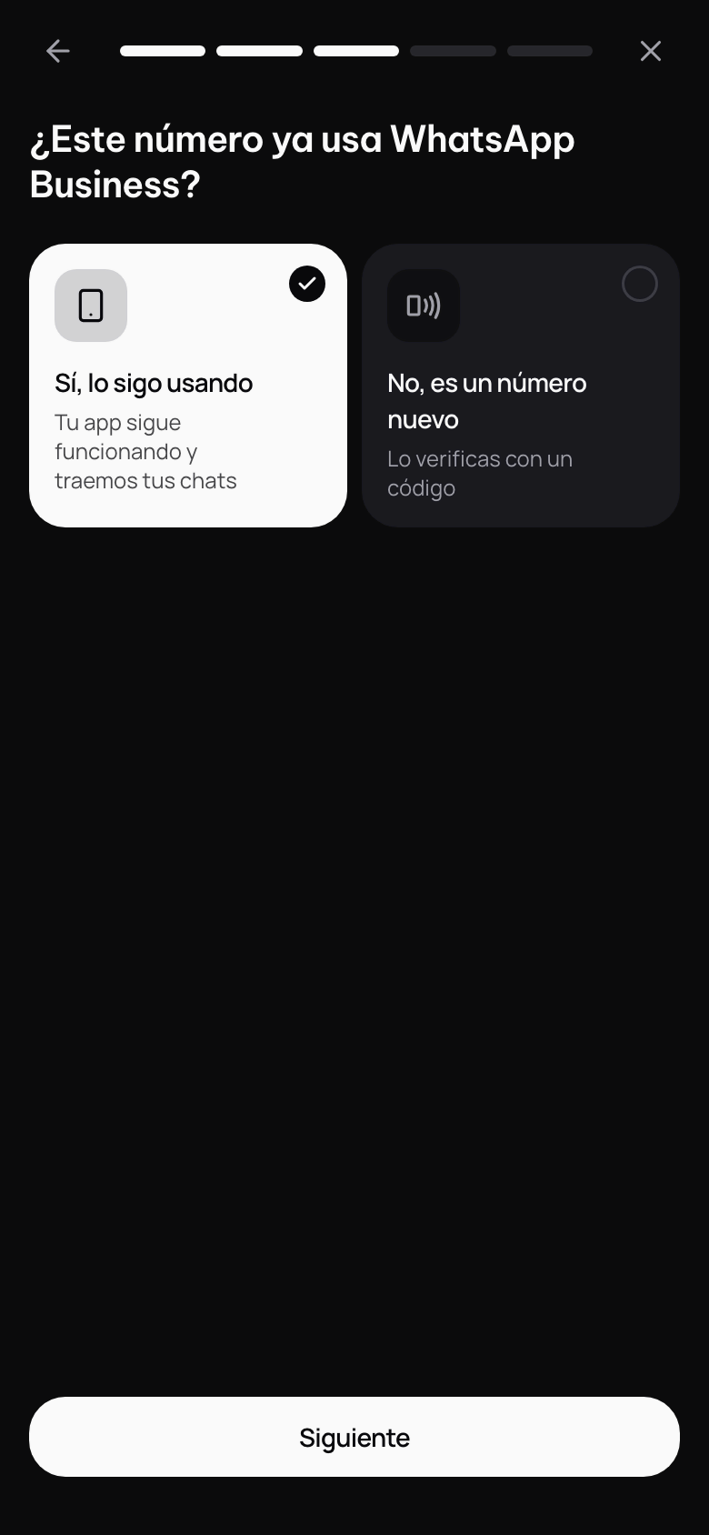 ¿Este número ya usa WhatsApp Business?, con Sí, lo sigo usando y No, es un número nuevo.