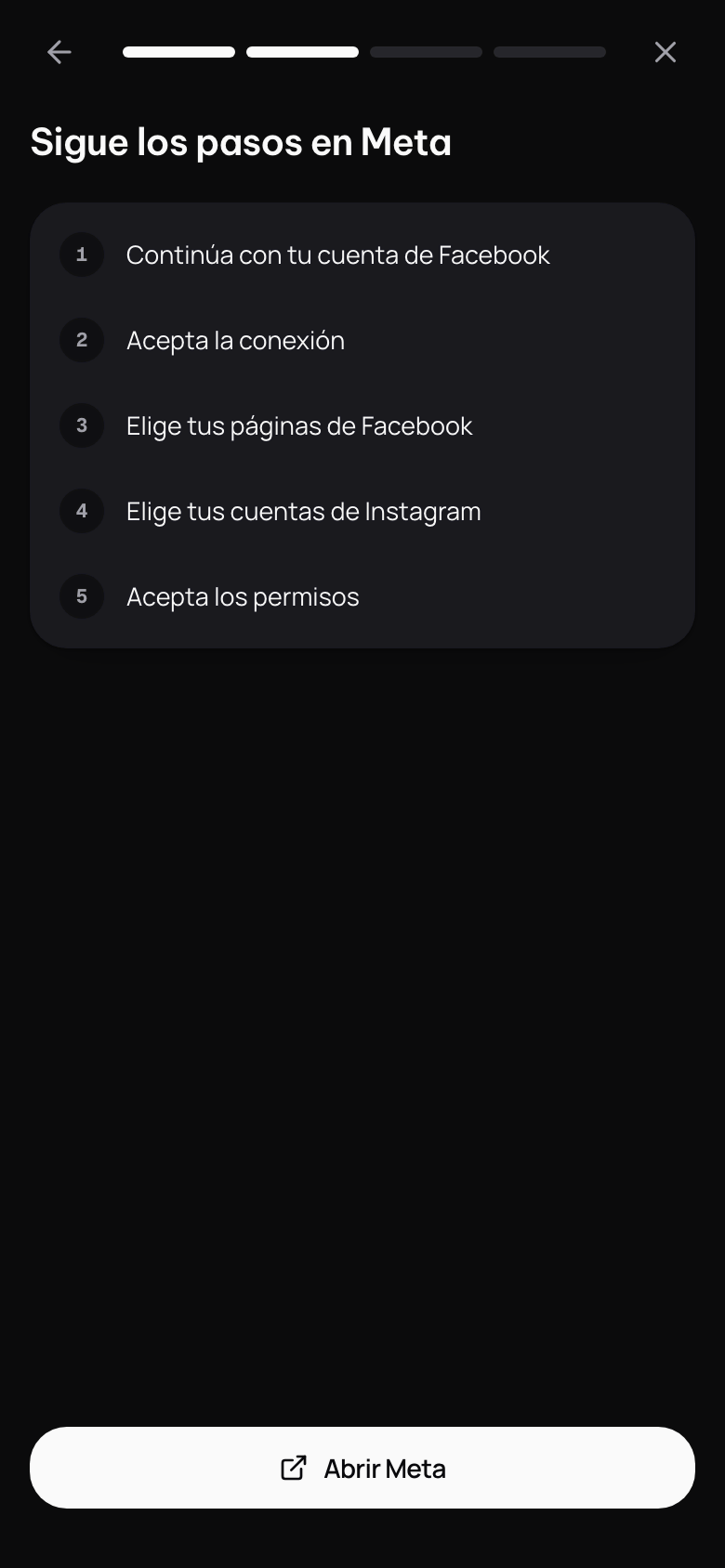 Sigue los pasos en Meta: lo que Meta te va a pedir, en orden, y el botón Abrir Meta.