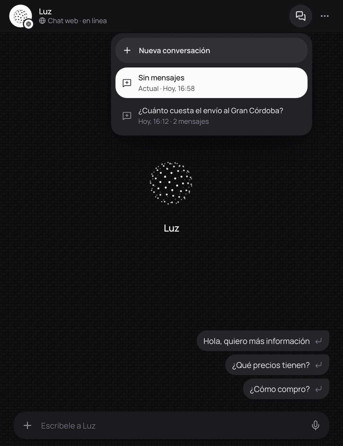 Conversaciones abierto en la cabecera del chat: Nueva conversación y las pruebas anteriores.