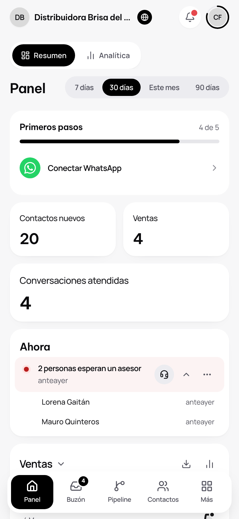 El panel de un negocio: las secciones, las vistas de la sección y los canales junto al nombre.