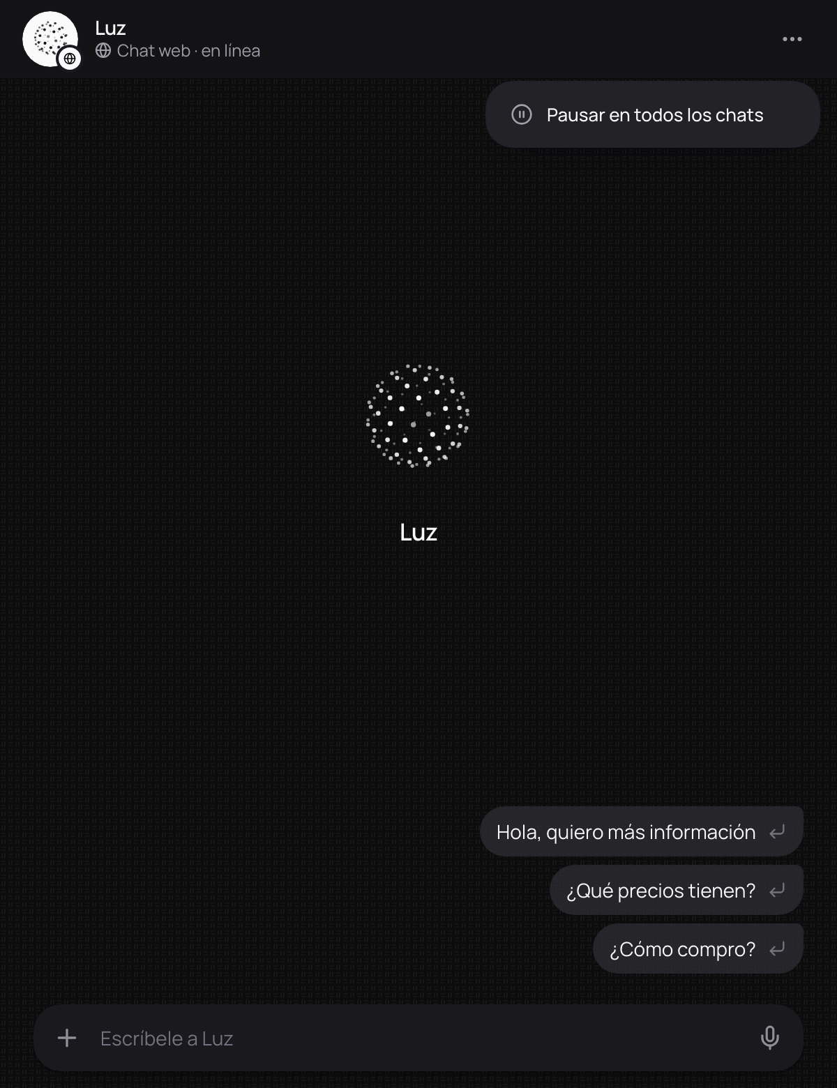 El menú de Tu agente abierto, con Pausar en todos los chats.