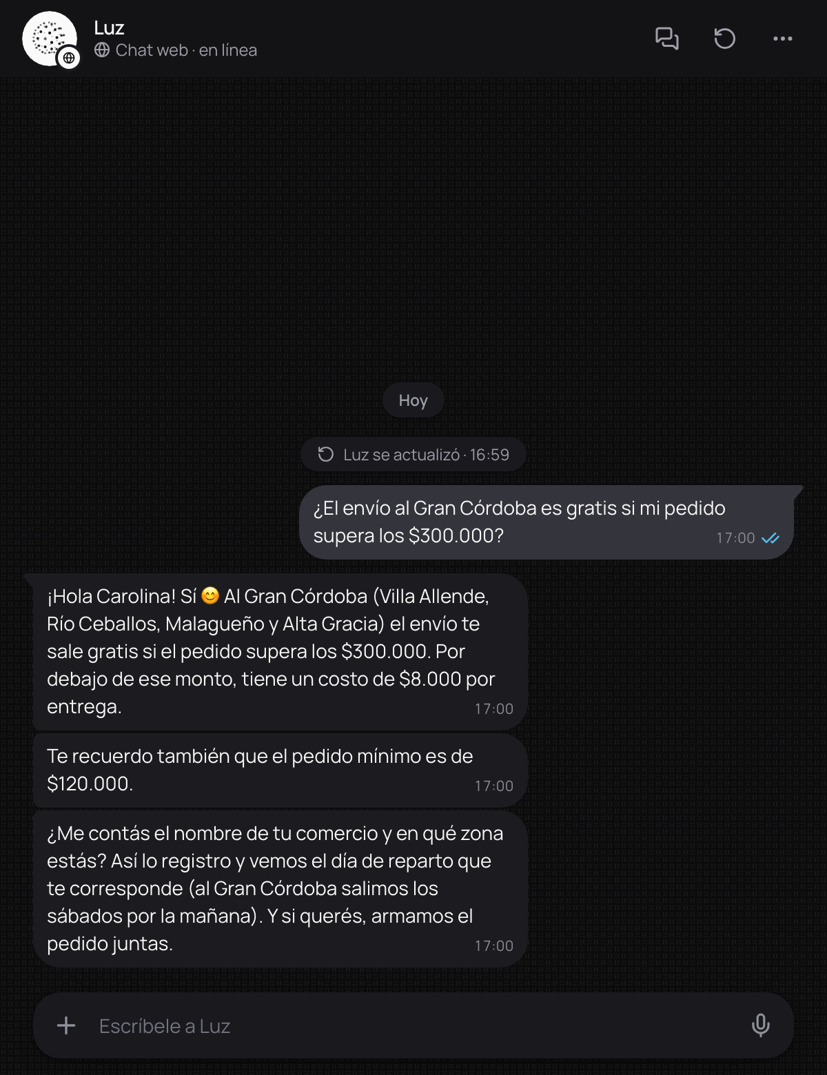 El chat de prueba después del cambio: el aviso de que el agente se actualizó y su respuesta nueva.