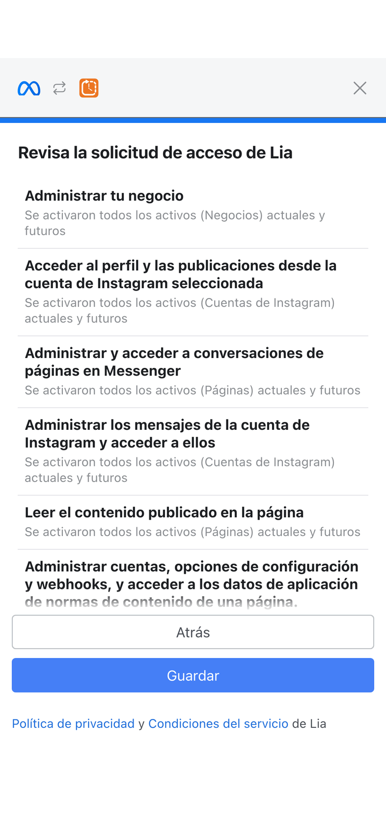 Revisa lo que la app podrá hacer, con Guardar marcado.