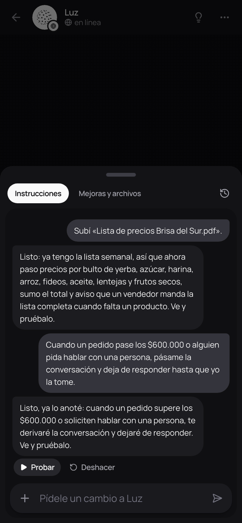 La hoja Mejorar a tu agente abierta en el celular, en Instrucciones.
