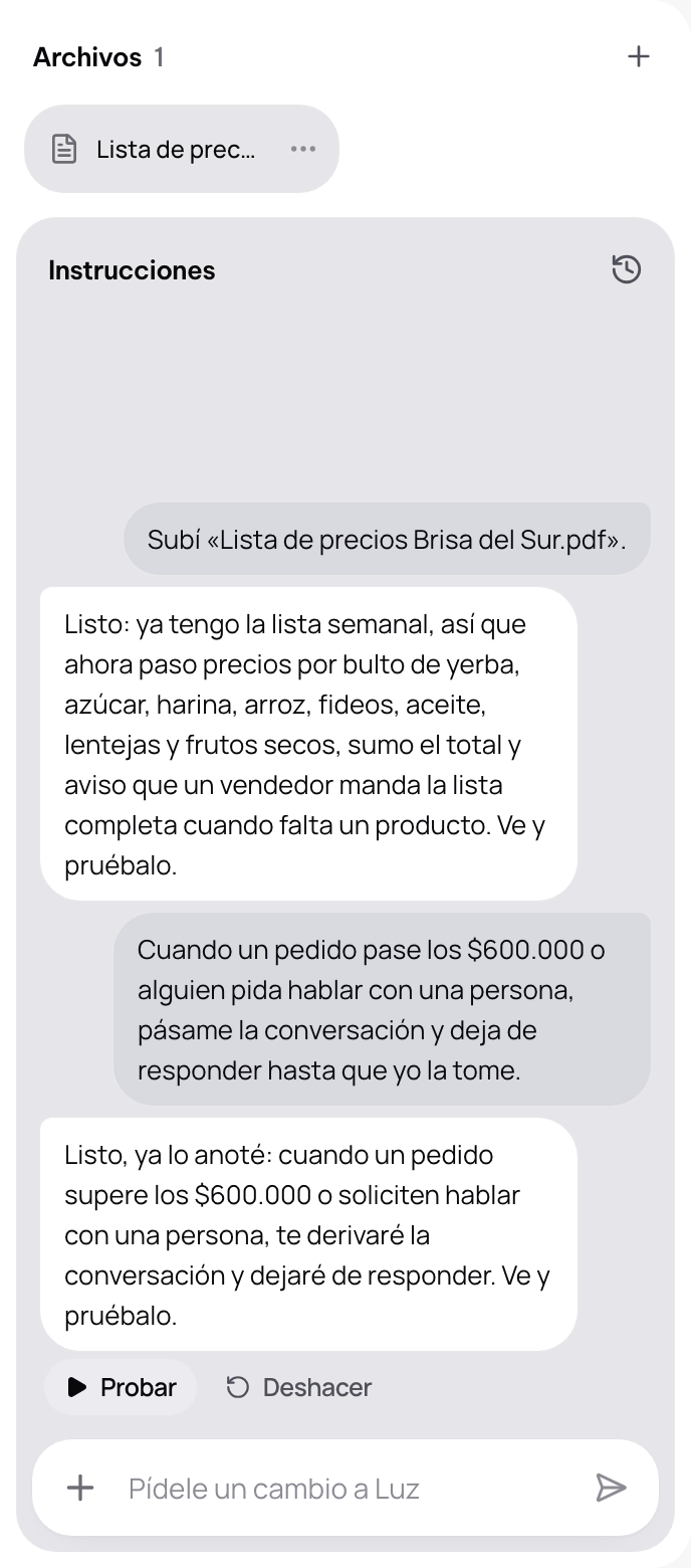 La columna Instrucciones al lado del chat, con el campo para pedirle un cambio al agente.