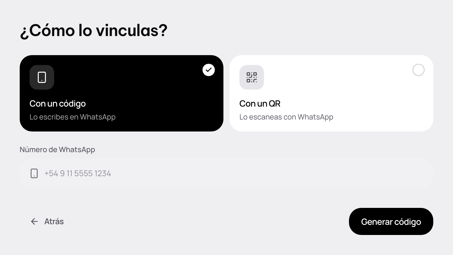 ¿Cómo lo vinculas?: Con un código o Con un QR, el número de WhatsApp y Generar código.