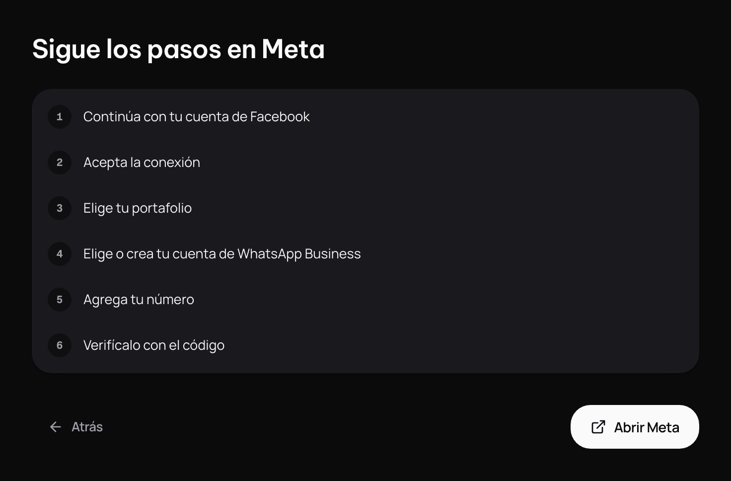 Sigue los pasos en Meta: la lista de lo que Meta te va a pedir y el botón Abrir Meta.