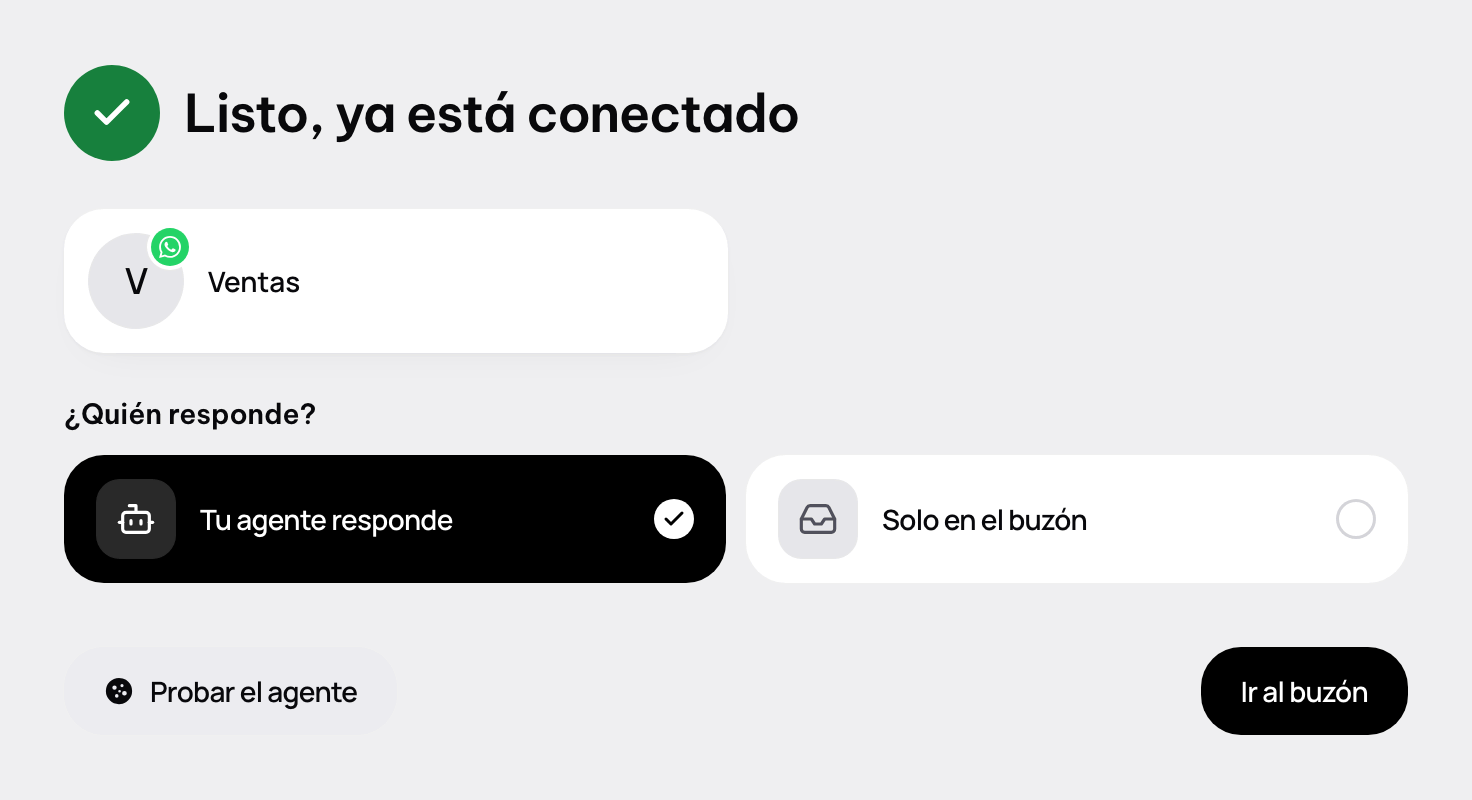Listo, ya está conectado: la línea, ¿Quién responde? y los botones para ir al buzón o probar.
