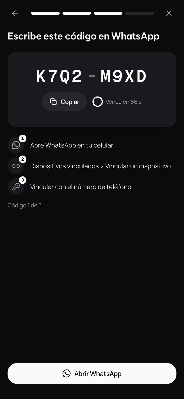 Escribe este código en WhatsApp: el código, Copiar, cuánto le falta para vencer y los tres pasos.