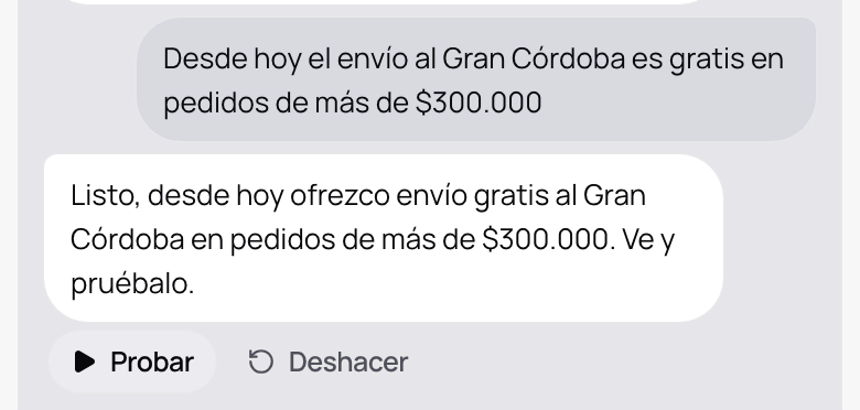 El pedido de la dueña en Instrucciones y la respuesta del agente, con Probar y Deshacer.
