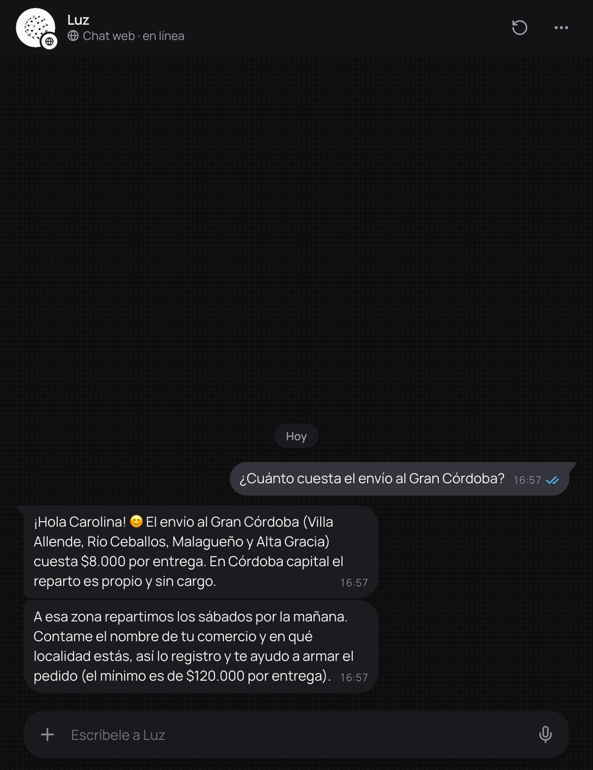 La pregunta de un cliente y la respuesta del agente, en mensajes cortos.