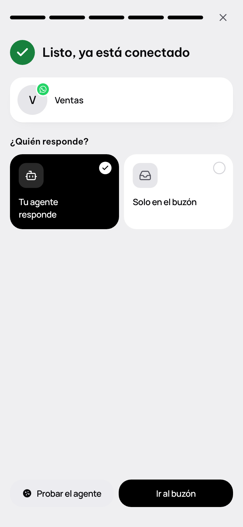 Listo, ya está conectado: la línea, ¿Quién responde? y los botones para ir al buzón o probar.