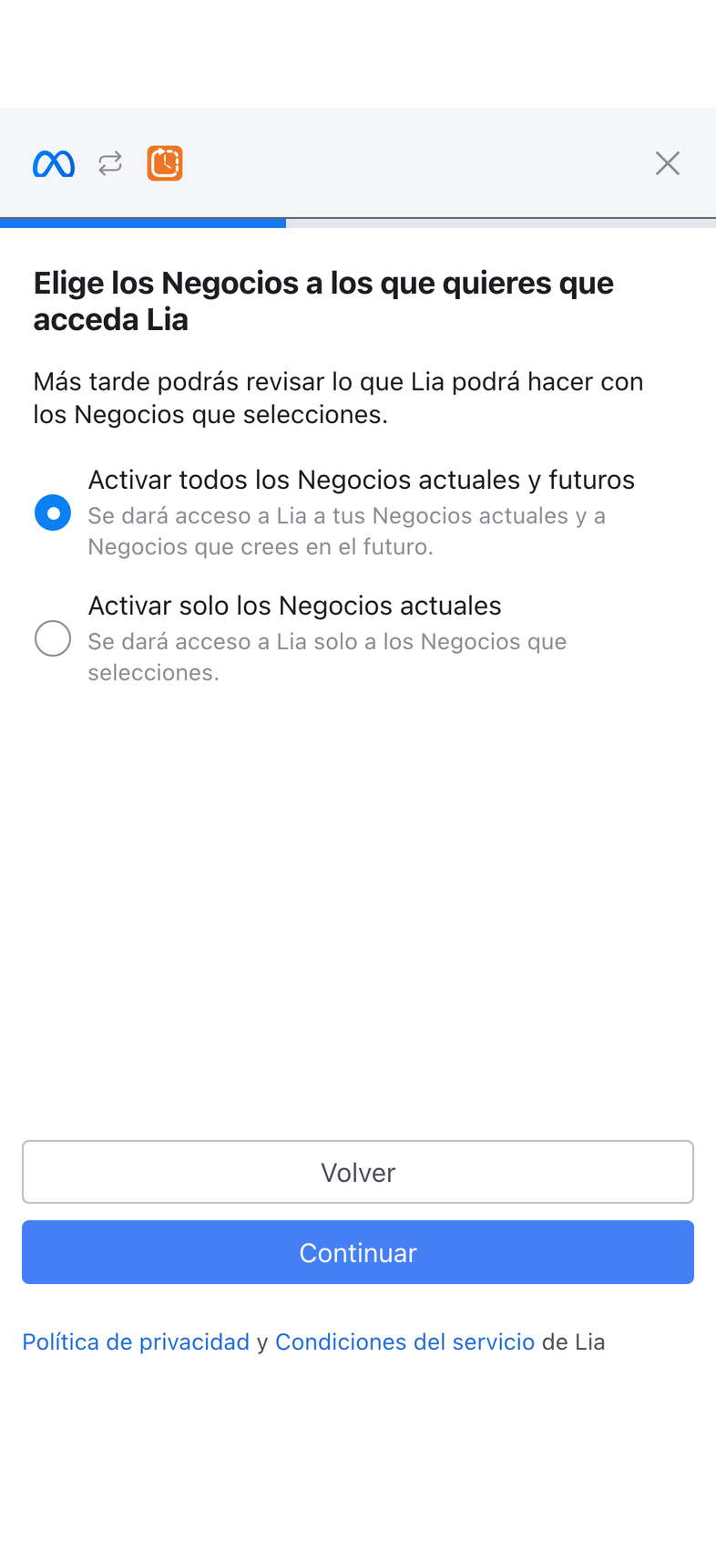 Los negocios, con Activar todos los Negocios actuales y futuros marcado.