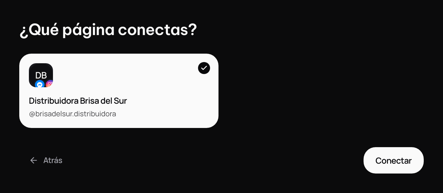 ¿Qué página conectas?: la página del negocio con su Instagram y el botón Conectar.